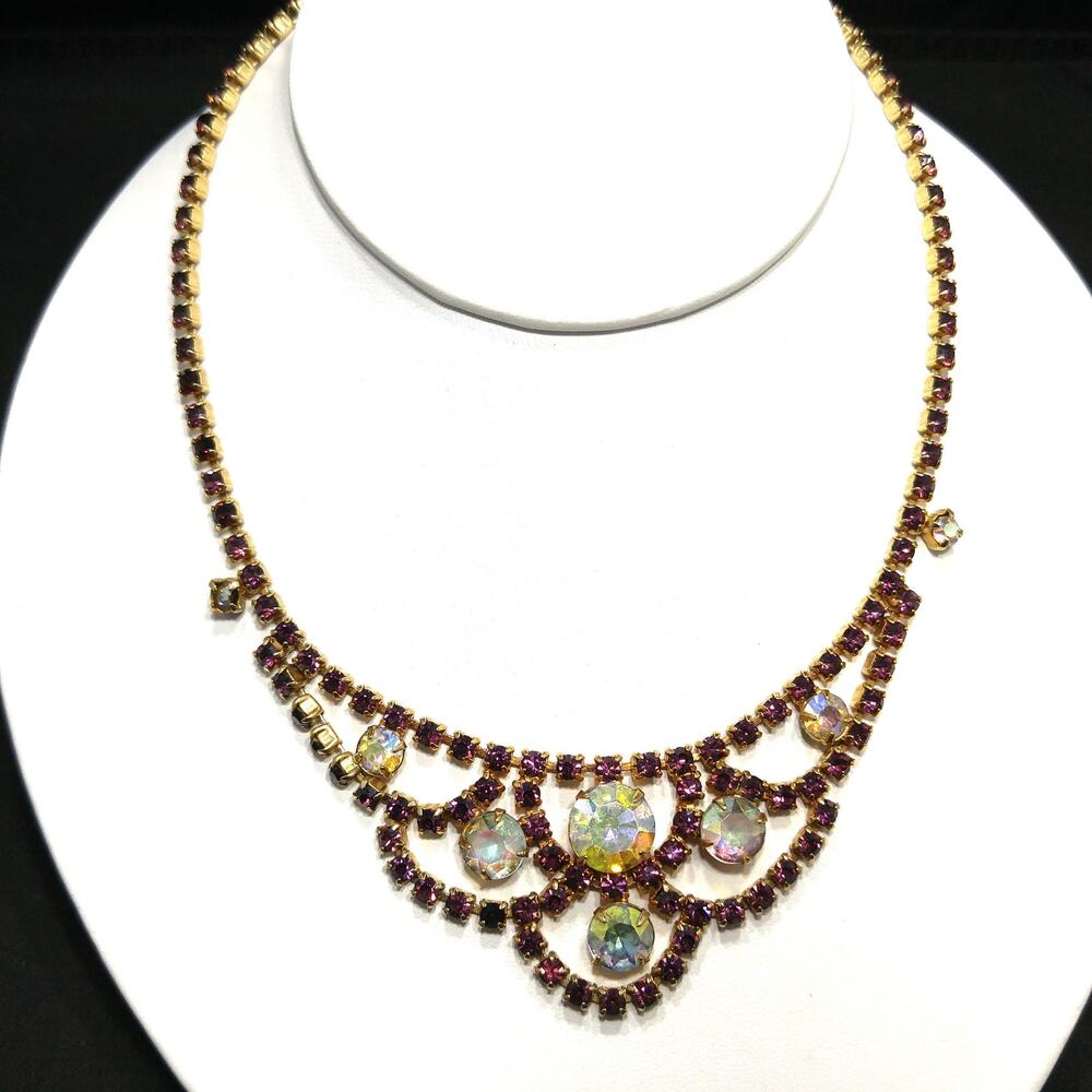 Vintage Purple AB Clear Rhinestone Choker Necklace, Gold Plated, Aurora Borealis